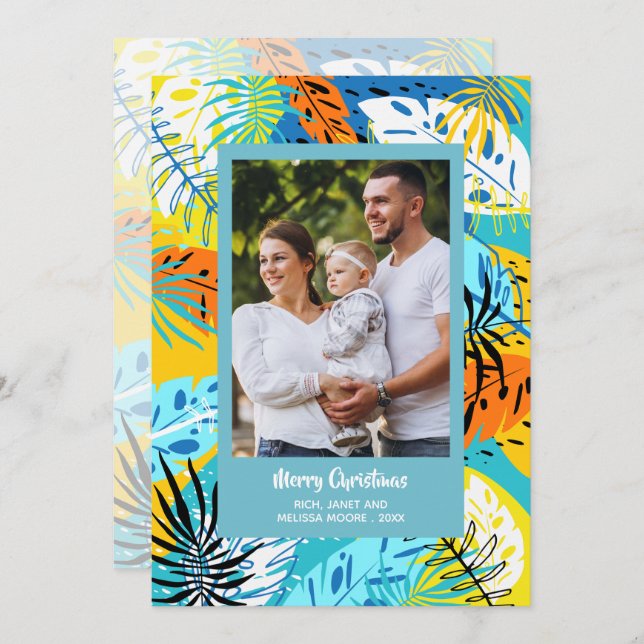 Tarjeta Festiva Navidades de hojas tropicales (Anverso / Reverso)