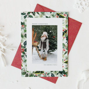 Tarjeta Festiva Navidades de hojas variadas acuarela Winterberry