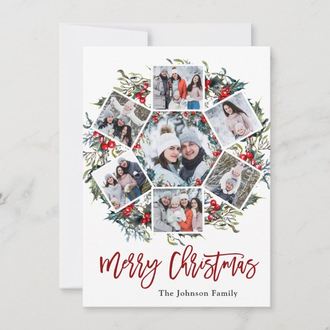 Tarjeta Festiva Navidades de Holly Berry saludando con 7 fotos (Anverso)