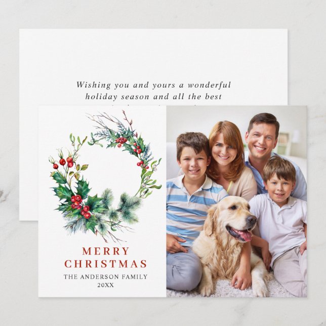 Tarjeta Festiva Navidades de Holly Berry Wreath saludando FOTO (Anverso / Reverso)