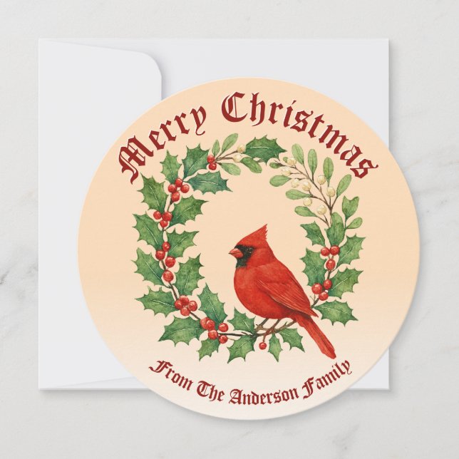 Tarjeta Festiva Navidades de Holly, Mistletoe y Cardenal (Anverso)