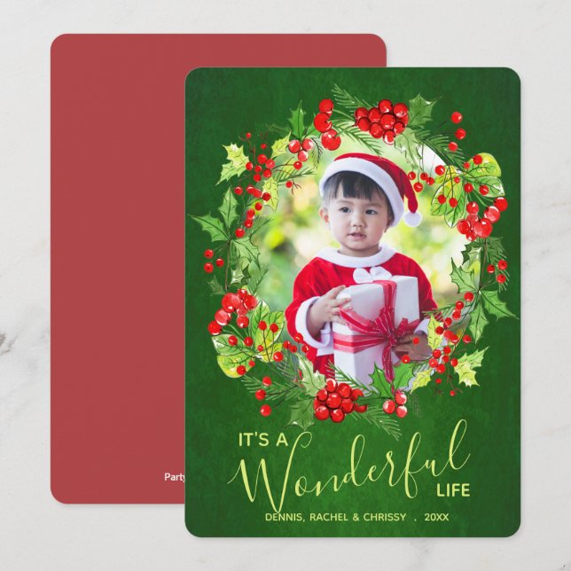 Tarjeta Festiva Navidades de Holly Wreath (Anverso / Reverso)