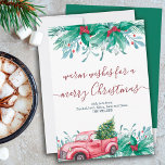 Tarjeta Festiva Navidades de Huly Plants Mistletoe y Red Truck<br><div class="desc">Elegante, simple y tradicional tarjeta de vacaciones con diseño de acuarela y tipografía manuscrita. El diseño se compone de plantas huecas, mistletoe, brotes de pino y un camión rojo vintage con un árbol de navidad decorado con luces de cuerda. La plantilla está configurada para que añada el inicio de sesión...</div>
