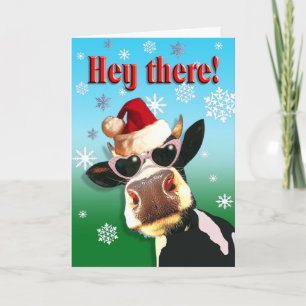 Tarjeta Festiva Navidades de humor Vaca Santa Hat