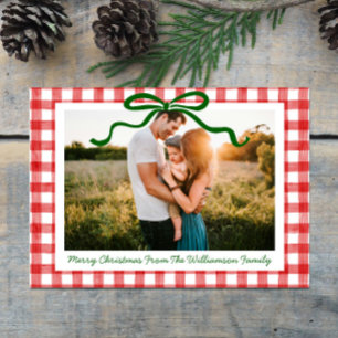 Tarjeta Festiva Navidades de impresión Green Whimsical Bow Red Gin
