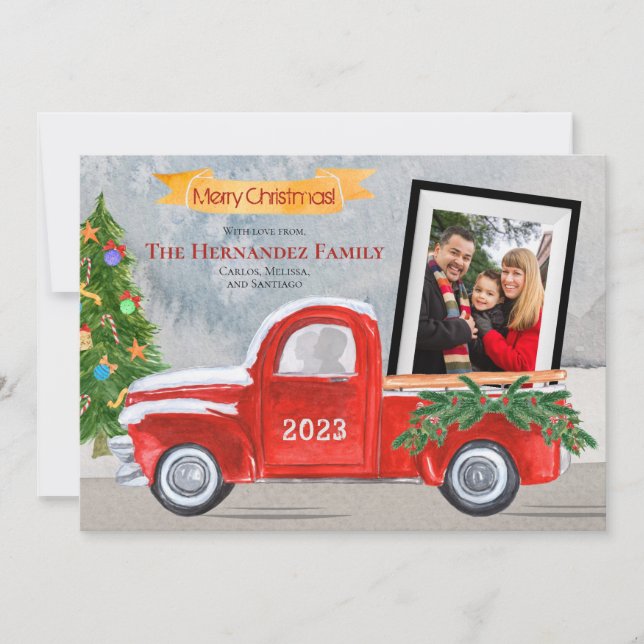 Tarjeta Festiva Navidades de invierno de camionetas rojas con foto (Anverso)