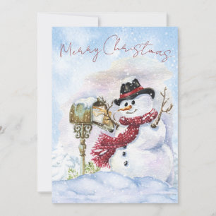 Tarjeta Festiva Navidades de invierno de color acuático de Snowman