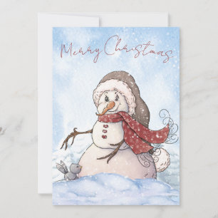 Tarjeta Festiva Navidades de invierno de color acuático de Snowman