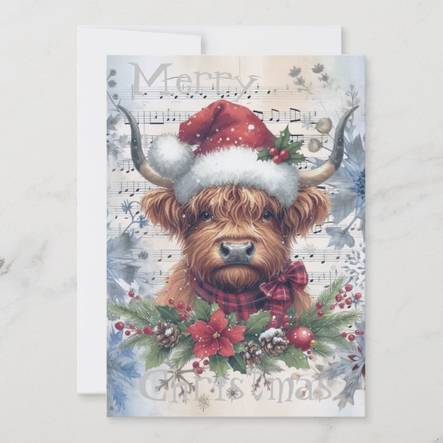 Tarjeta Festiva Navidades de invierno de la vaca Highland (Anverso)