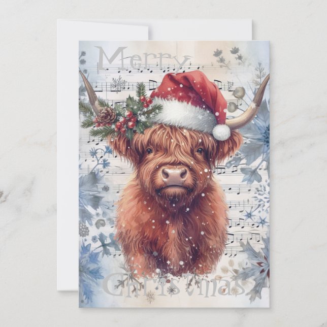 Tarjeta Festiva Navidades de invierno de la vaca Highland (Anverso)