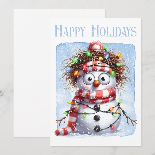 Tarjeta Festiva Navidades de invierno de Snowman se iluminan (Anverso / Reverso)