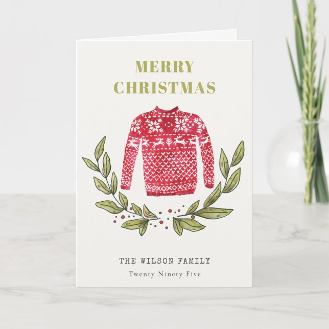 Tarjeta Festiva Navidades de invierno de suéter suave rojo verde o (Anverso)