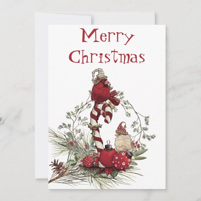 Tarjeta Festiva Navidades de invierno del Cardenal Rojo Chickadee  (Anverso)
