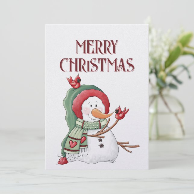 Tarjeta Festiva Navidades de invierno del Cardenal Snowman Bird (Anverso de pie)