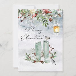 Tarjeta Festiva Navidades de invierno Greenery Red Berry Bird