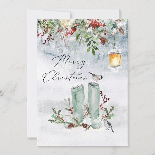Tarjeta Festiva Navidades de invierno Greenery Red Berry Bird (Anverso)