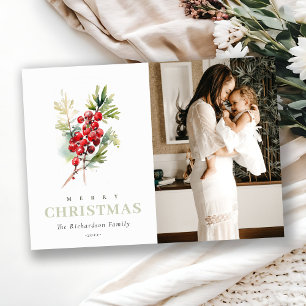 Tarjeta Festiva Navidades de invierno Red Berry Fir Watercolor Fot