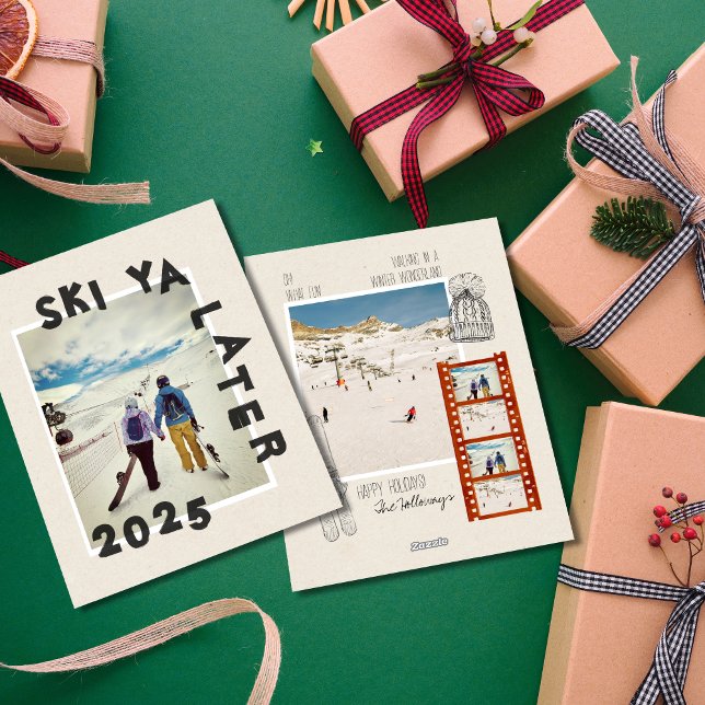 Tarjeta Festiva Navidades de invierno únicos sobre el tema del esq (Send snow day vibes with this bold, modern holiday photo design.)