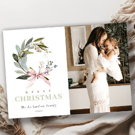 Tarjeta Festiva Navidades de invierno verde azul Rubor Wreath Phot