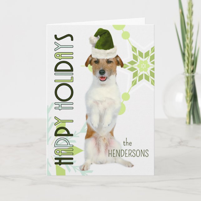 Tarjeta Festiva Navidades de Jack Russell Terrier Santa Dog Green (Anverso)