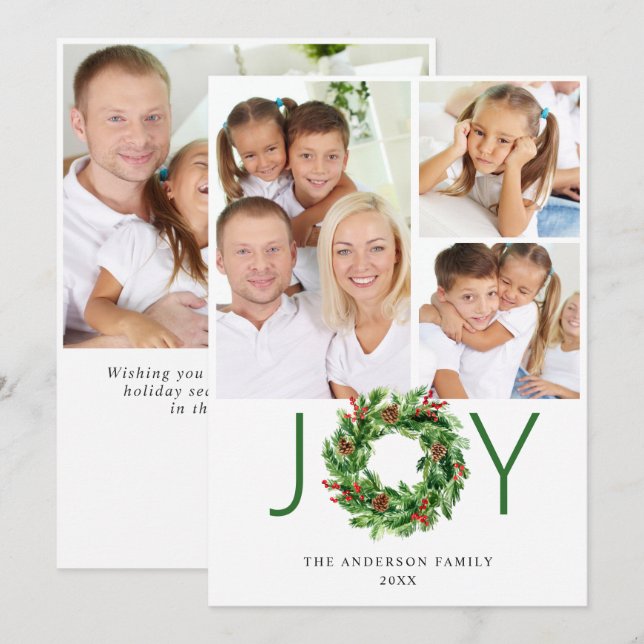 Tarjeta Festiva Navidades de Joy Holly Berry Pine escribieron 4 FO (Anverso / Reverso)