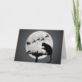Tarjeta Festiva Navidades de juego para gato y ratón sobre la luna