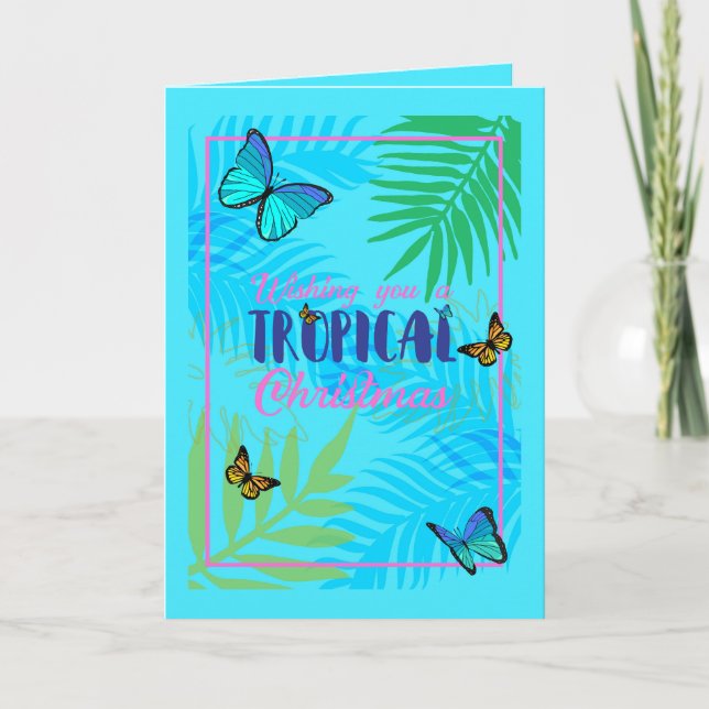 Tarjeta Festiva Navidades de julio de hojas de palmera y mariposas (Anverso)