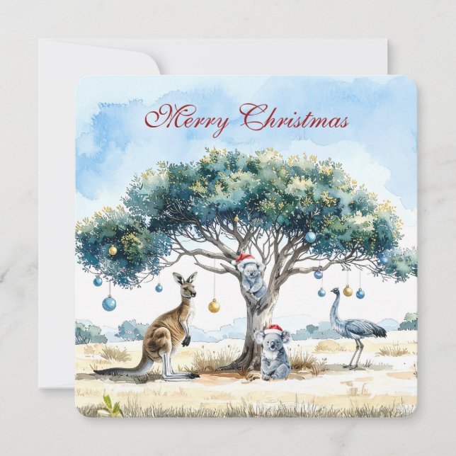Tarjeta Festiva Navidades de Kangaroo Koalas Emu Gumtree Baubles (Anverso)