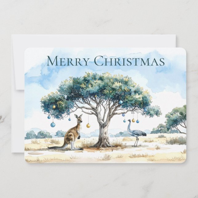 Tarjeta Festiva Navidades de Kangaroo y Emu Gumtree Baubles (Anverso)