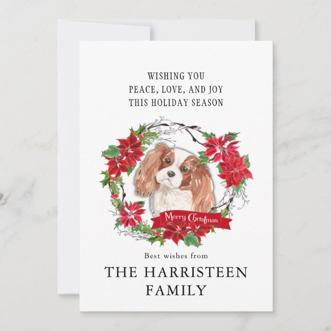 Tarjeta Festiva Navidades de King Charles Spaniel Poinsettia (Anverso)
