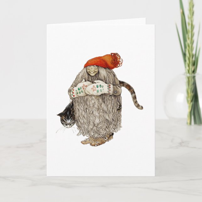 Tarjeta Festiva Navidades de la abuela tomten con gato gris (Anverso)