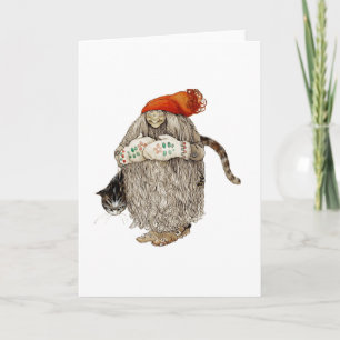 Tarjeta Festiva Navidades de la abuela tomten con gato gris