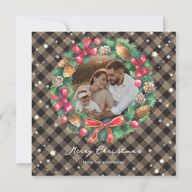 Tarjeta Festiva Navidades de la acuarela Stars Wreath Plaid Photo (Anverso)