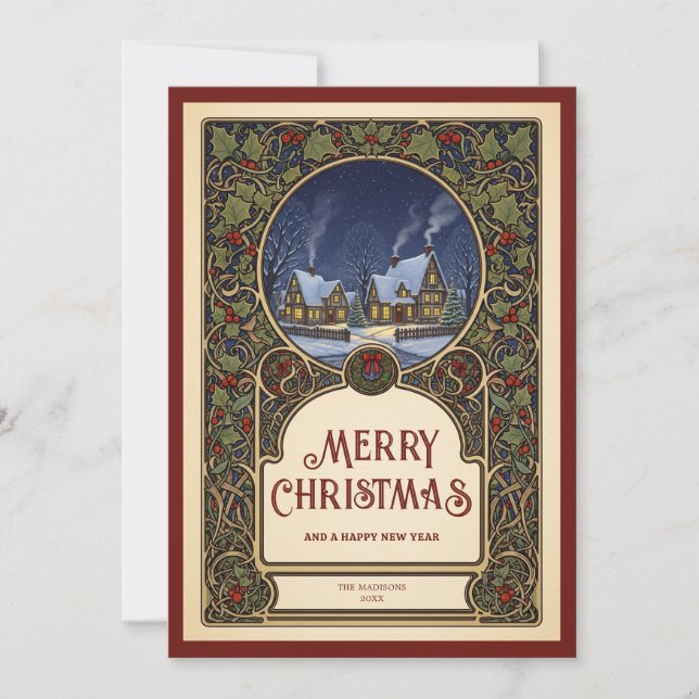 Tarjeta Festiva Navidades de la aldea vacaciones de Art Nouveau (Anverso)