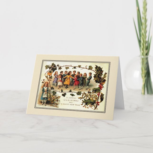 Tarjeta Festiva Navidades de la Antigua Victoria niños bailando (Anverso)