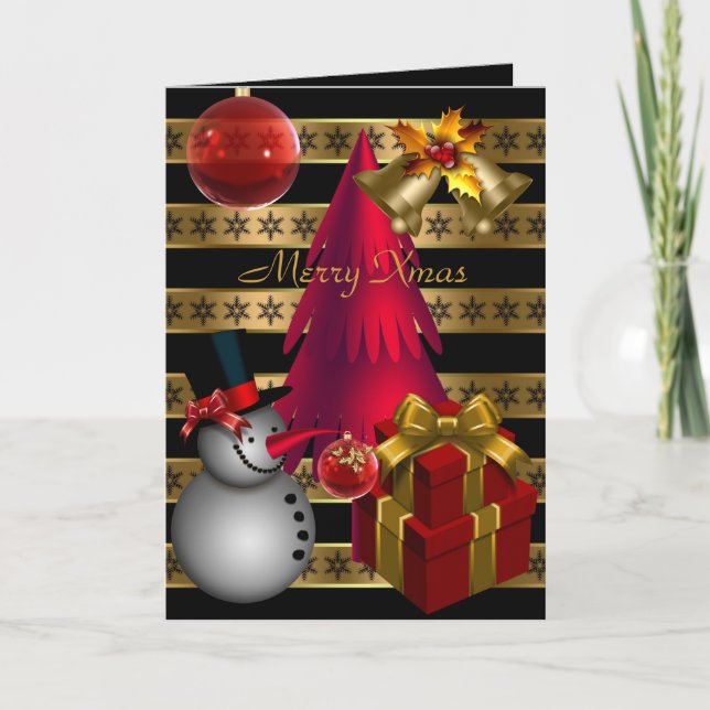Tarjeta Festiva Navidades de la banda de oro negro rojo Merry Xmas (Anverso)