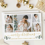 Tarjeta Festiva Navidades de la caligrafía Watercolor Eucalyptus G<br><div class="desc">La moderna caligrafía Script Merry Christmas 5 Photo Holiday Card incluye hojas de eucalipto de color de agua. Texto dorado.</div>