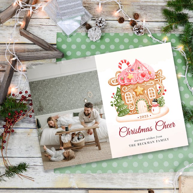 Tarjeta Festiva Navidades de la casa Festividad Gingerbread (Photo Festive Gingerbread House Christmas Holiday Card)