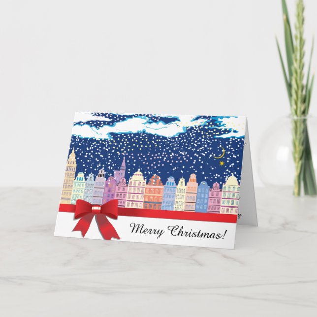 Tarjeta Festiva Navidades de la ciudad con el Vestido Rojo PERSONA (Anverso)