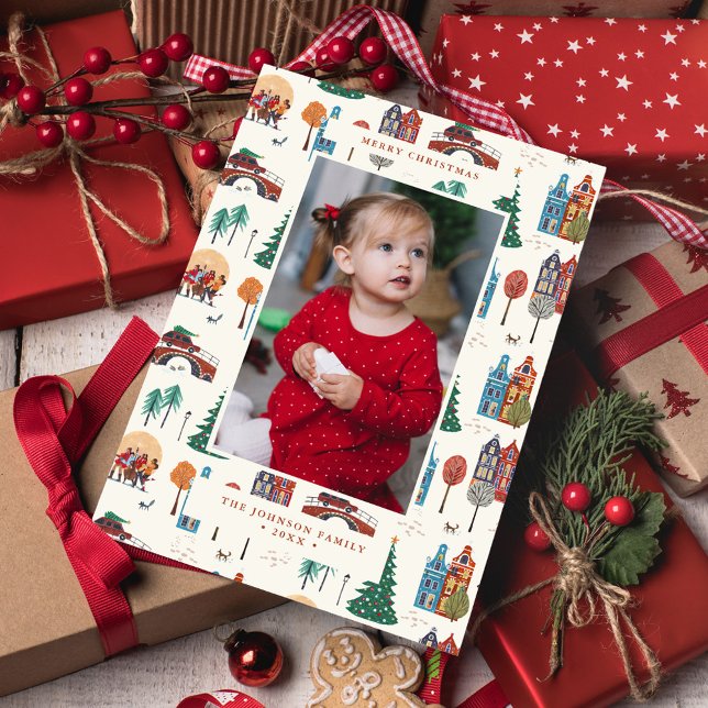 Tarjeta Festiva Navidades de la ciudad de Ámsterdam moderna (City Amsterdam Houses Christmas Modern Holiday Card)