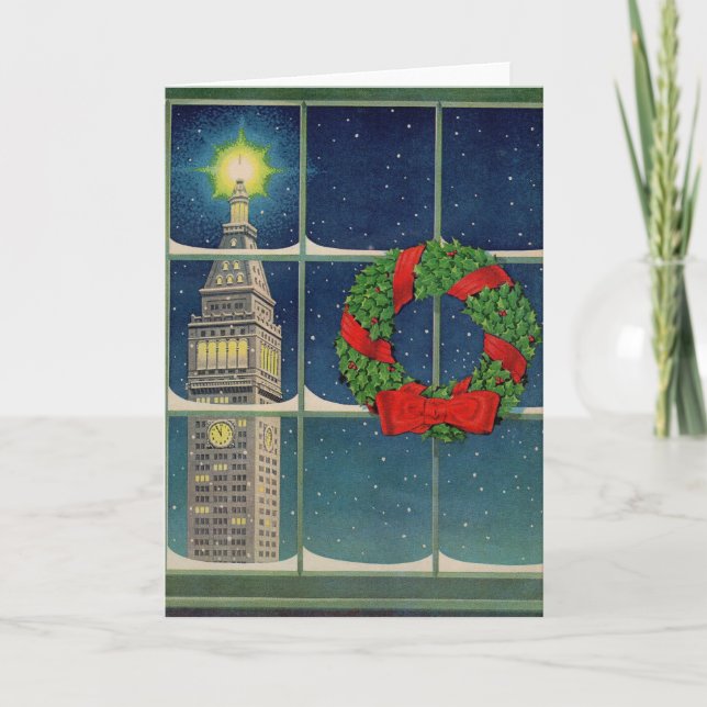 Tarjeta Festiva navidades de la ciudad de los años 50 (Anverso)