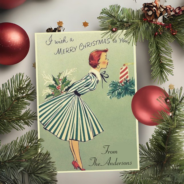 Tarjeta Festiva Navidades de la época retro de los años 1950 Lady  (Vintage Retro 1950s Christmas Lady Custom Holiday Card.  Add your name and a special message!)