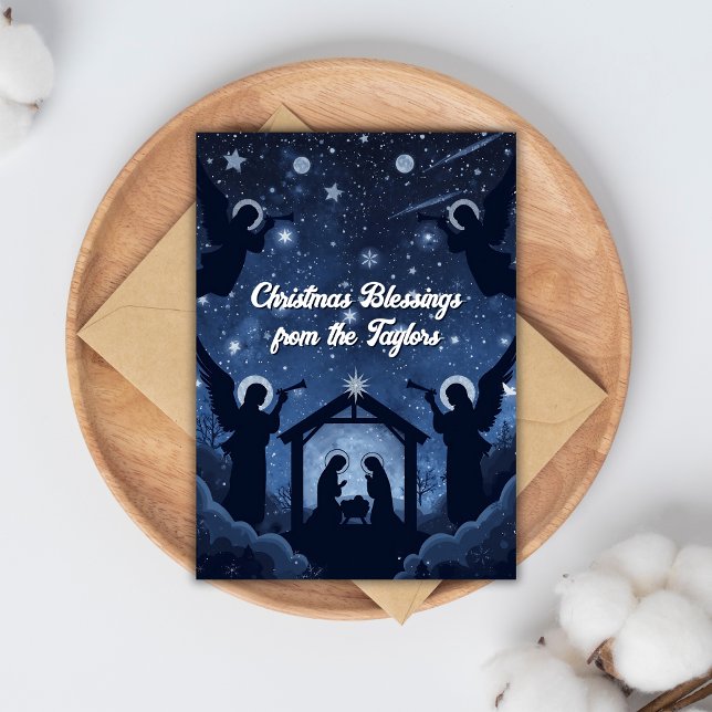 Tarjeta Festiva Navidades de la escena de la natividad cristiana (Christian Nativity Christmas Card with Angels and Luke 2:13-14 Scripture)