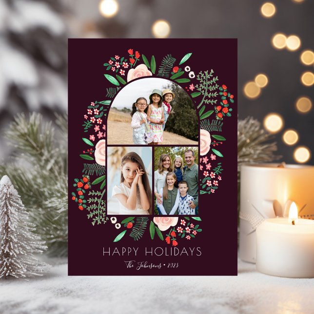 Tarjeta Festiva Navidades de la familia floral de marco artístico  (Modern Arch Frame Floral Family Christmas 3 Photo Holiday Card
)