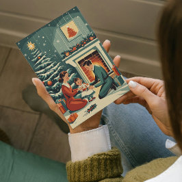 Tarjeta Festiva Navidades de la familia Retro junto a la chimenea