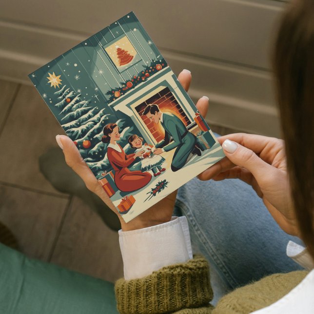 Tarjeta Festiva Navidades de la familia Retro junto a la chimenea (Subido por el creador)