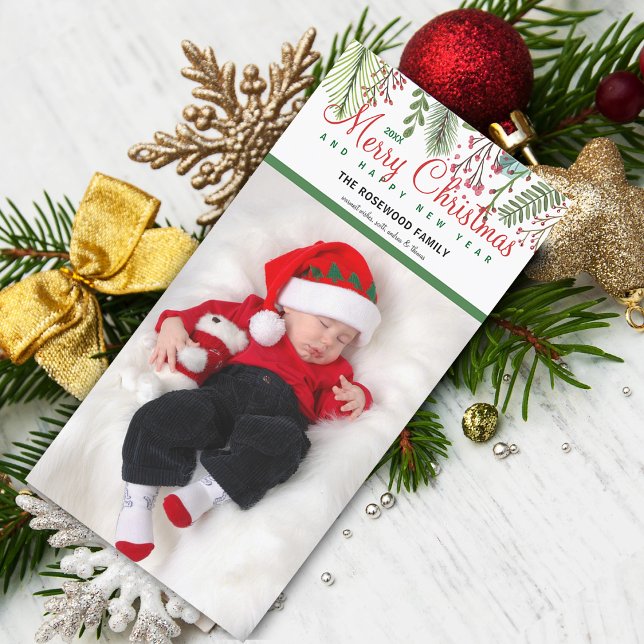 Tarjeta Festiva Navidades de la foto de la vegetación de invierno (Christmas Winter Greenery Photo Holiday Card)