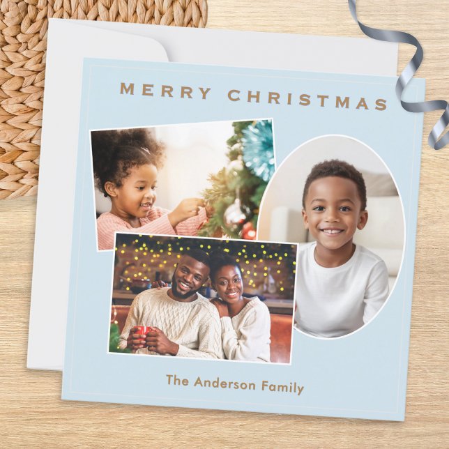 Tarjeta Festiva Navidades de la Galería de Fotos Light Blue Faux G (An elegant Christmas card in light blue, to personalize with three photos and name(s) or other text)