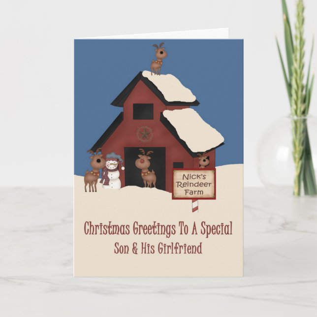 Tarjeta Festiva Navidades de la granja de renos Son y Novia (Anverso)