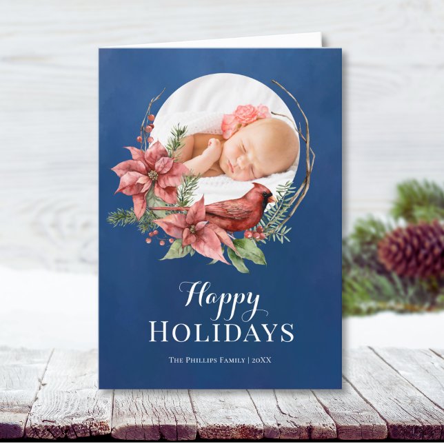 Tarjeta Festiva Navidades de la guirnalda azul rusa (Elegant blue photo template card "Happy Holidays" text, beautiful Poinsettia and Cardinal graphics)